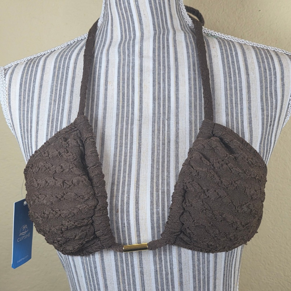 Cupshe top ONLY Brown Textured resort beach Triangle Halter Bikini Gold accentXS